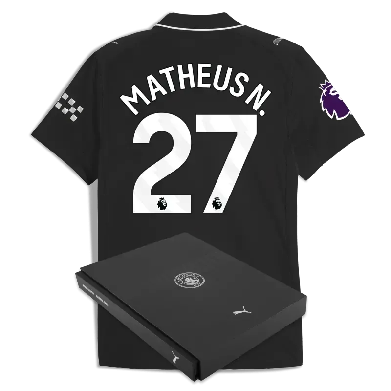 Manchester City Premier League Away Authentic Jersey 2025/26 With MATHEUS N. 27 Printing in Gift Box