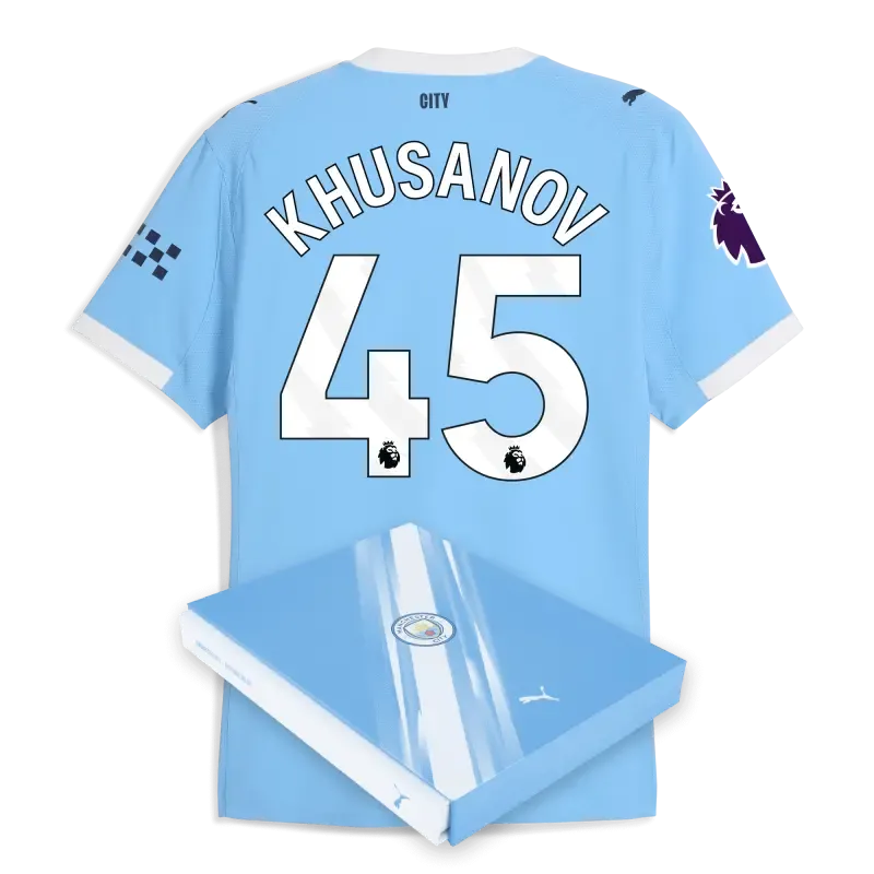 Manchester City Premier League Home Authentic Jersey 2025/26 With KHUSANOV 45 Printing in Gift Box