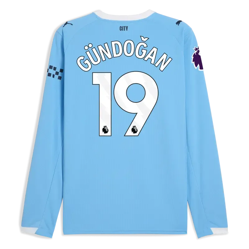 Manchester City Premier League Home Jersey 2025/26 Long Sleeve With GÜNDOĞAN 19 Printing